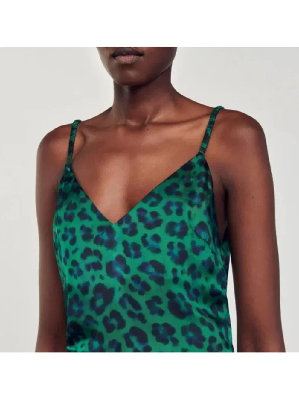 Sandro Amazonie Leopard Print Satin Midi Slip Dress Green Animal Print US 4 - Picture 2 of 16